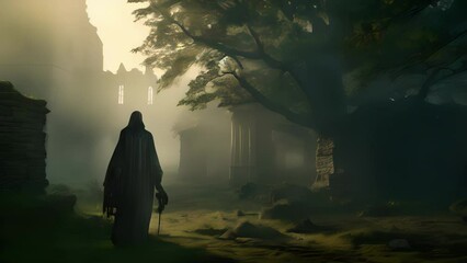 A ghostly apparition shrouded in misty robes hovers ominously above an old crumbling castle..
