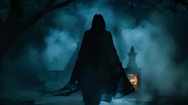An undead entity in a shroud of nightmarish smoke an ominous robed figure lurking in the shadows of an ancient graveyard..