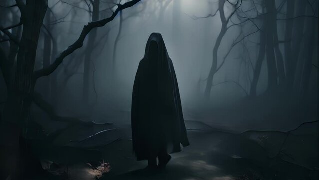 A spectral figure shrouded in a dark cloak and obscured by fog silently walking through an old forest path..