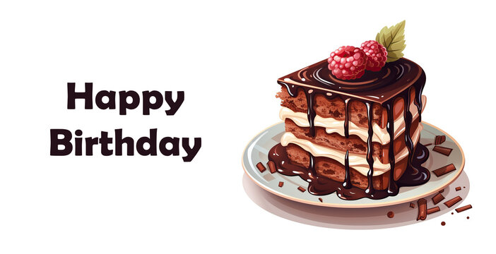 Happy birthday text template design. Happy birthday greeting on a white background with chocolate cake. Design for typography with a delicious cake on the background of the picture.