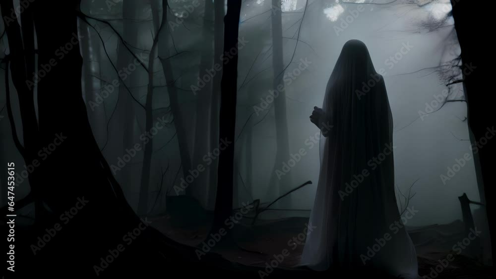 Poster a shrouded figure looms in the desolate forest a ghostly howl echoing through the trees..