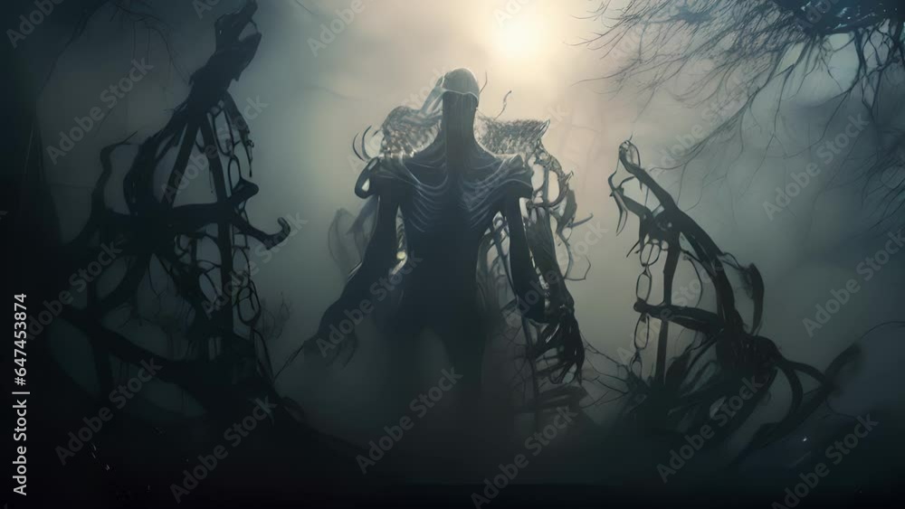 Poster a looming misshapen creature made of bones and shadows lurks in a misty graveyard..
