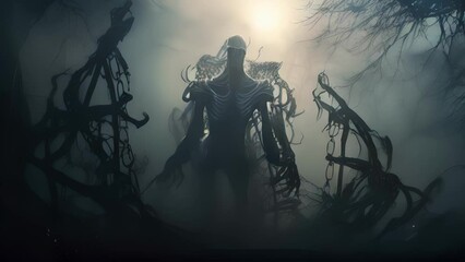 A looming misshapen creature made of bones and shadows lurks in a misty graveyard..