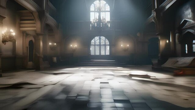 An empty haunting hall surrounded by crumbling walls sporting a dead silence as the only occupant..