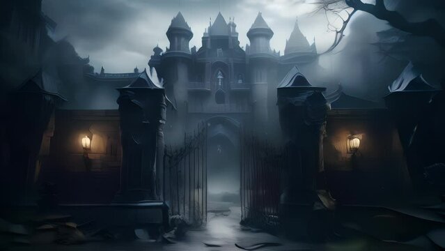 A crumbling castle shrouded in a dark fog the entrance sealed with an iron gate..