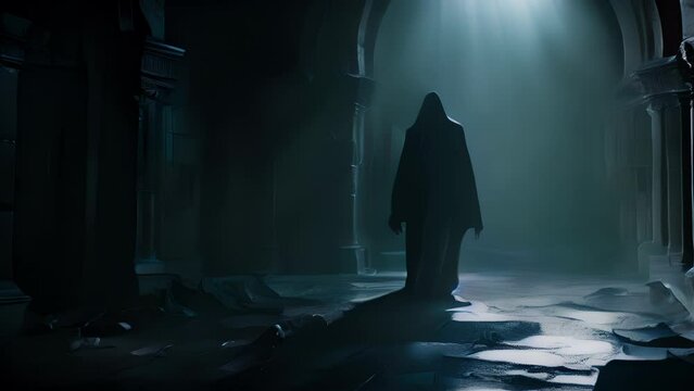 A haunting vision of an ancient crypt illuminated by a ghostly moonlight a resurrected figure lurking in the shadows nearby.