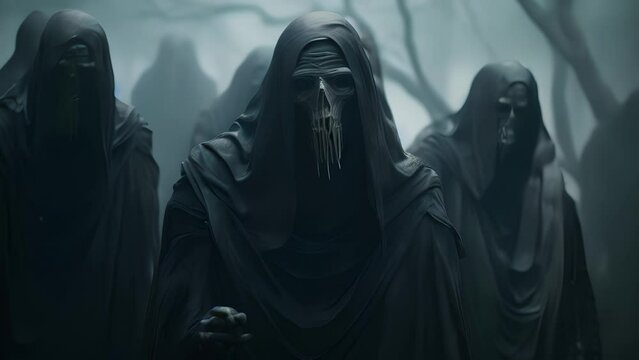 Figures shrouded in grey cloaks appearing from an eerie mist a ous creature risen from the dead with an expression of grim satisfaction..