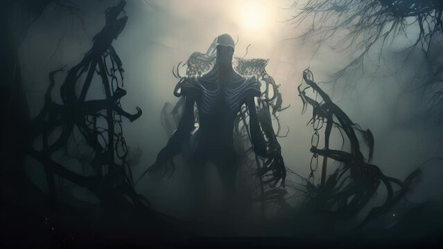A looming misshapen creature made of bones and shadows lurks in a misty graveyard..