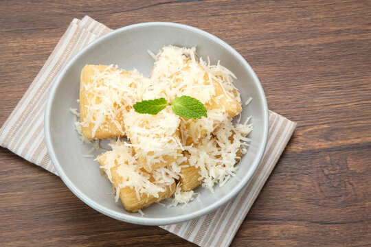 Fried cassava with cheese or singkong goreng keju, Indonesian traditional food. 
