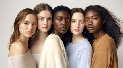 Fototapeta premium Studio portrait of a multinational group of girls. A company of European and Afro-American girls. The concept of coffee with milk. The concept of naturalness and natural freshness.