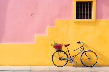 Fototapeta premium Retro Bike with Pink Flowers on Yellow Staircase