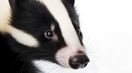 Fototapeta premium Skunk face macro close-up, isolated on white background, copy space