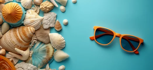 Fotobehang Summer creative concept. Summer background. Sunglasses and seashells. Summer time. Copy space. Vacation on the beach. Travel summer background. Vacation flat lay. © Helen-HD