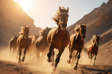 Bando de cavalos galopando entre as montanhas - Papel de parede - obrazy, fototapety, plakaty