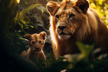 Leão e seu filhote na floresta tropical colorida - Papel de parede - obrazy, fototapety, plakaty