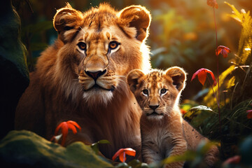 Leão e seu filhote na floresta tropical colorida - Papel de parede - obrazy, fototapety, plakaty