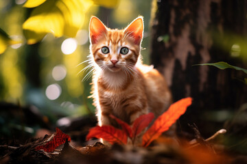 Gatinho laranja na floresta tropical colorida - Papel de parede