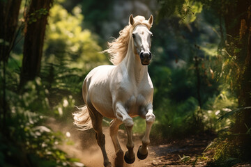 Cavalo branco galopando na floresta tropical - Papel de parede  - obrazy, fototapety, plakaty