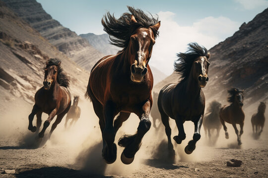 Bando de cavalos galopando entre as montanhas - Papel de parede © vitor