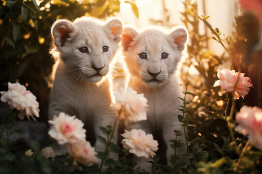 Filhotes de leão branco no jardim florido - Papel de parede