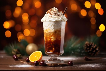 Spiced citrus latte with whipped cream topping and cinnamon. Hot chocolate or coffee. Winter drink on dark background with lights. Holidays treats concept. Copy space - obrazy, fototapety, plakaty