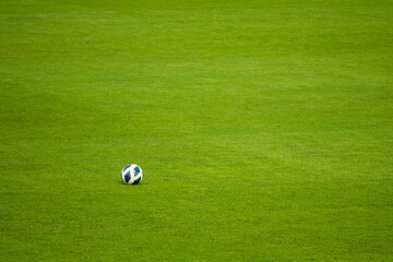 Soccer Match Ball on green grass at Stadium.