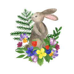 Hand drawn watercolor rabbit, hare. Realistic forest animal with wildflowers arrangement
