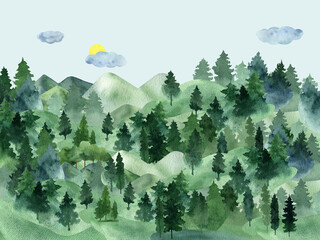 Hand drawn watercolor evergreen forest and mountains landscape with sky, sun and clouds