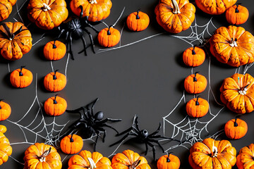 Halloween invitation, space for text between pumpkins and scary elements.