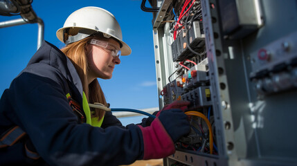Female electrician working in a fuse box. Wearing safety white helmet and gloves.