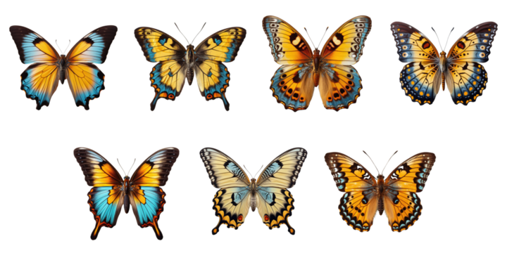 Png Set Closeup of a butterfly with yellow blue and brown colors isolated on a transparent background
