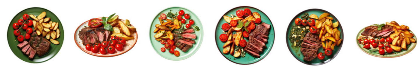 Png Set Grilled beef steak with potato chips fresh cherry tomato and spicy chili peppers on a black plate transparent background