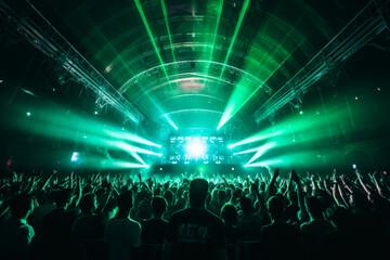 Crowd of people at live DJ event. Venue or festival, with bright green neon lasers above the crowd....