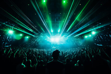Crowd of people at live DJ event. Venue or festival, with bright green neon lasers above the crowd. Electronic music concept - obrazy, fototapety, plakaty