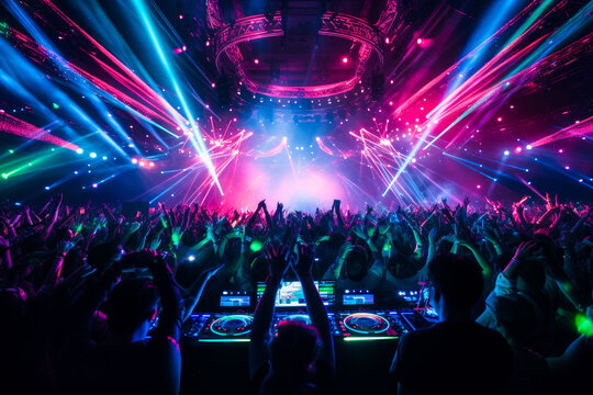 Crowd of people at live DJ event. Venue or festival, with bright neon lasers above the crowd. Electronic music concept - Powered by Adobe