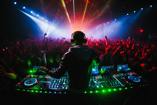 Crowd of people at live DJ event. Venue or festival, with bright neon lasers above the crowd. Electronic music concept
