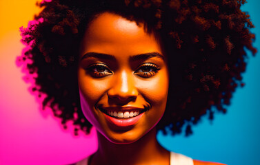Beautiful african american woman with afro hairstyle on colorful background.