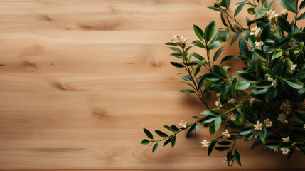 Top View of Plants on Wooden Surface Background, Wood Table Desk, Copy Space. Generative AI