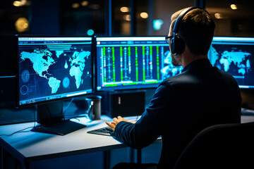 Cyber security specialist using computer, preventing hacker attack, online protection, digital security expert, firewall, hacker. Dark background with bright colorful monitors