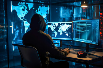 Cyber security specialist using computer, preventing hacker attack, online protection, digital security expert, firewall, hacker. Dark background with bright colorful monitors - obrazy, fototapety, plakaty
