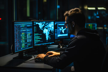 Naklejka premium Cyber security specialist using computer, preventing hacker attack, online protection, digital security expert, firewall, hacker. Dark background with bright colorful monitors