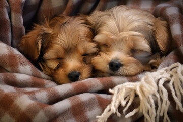 Two cute puppies sleep together under a pink blanket on bed at home. Yorkshire terrier breed. Beautiful little dogs. Pets sleeping. Love, Valentines day concept