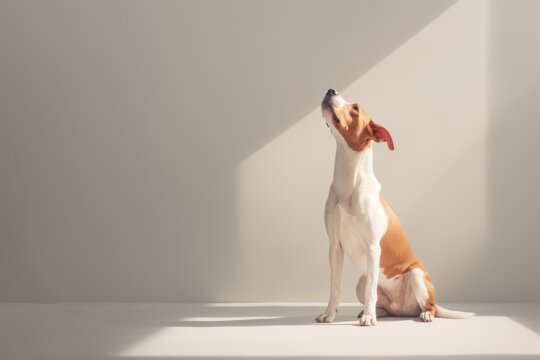 Cute jack russell terrier dog begging for food on white background. Pet sitting and asking food. Dog is waiting for a tasty treat. Animal training concept