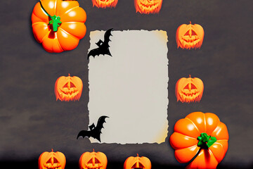 Halloween invitation, space for text between pumpkins and scary elements.