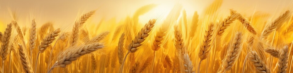 Banner with ears of golden wheat over sunset sky. Close up beauty nature field background with sun flare. Ripening ears of meadow wheat field. Rich harvest. Beautiful summer or autumn nature backdrop