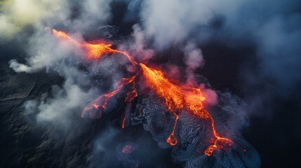 Fototapeta na wymiar Black active volcano erupts lava flow