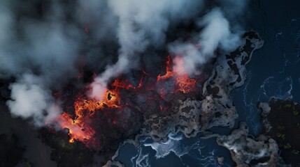 Black active volcano erupts lava flow