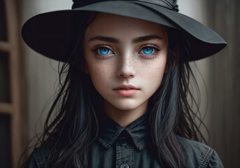 Portrait of a beautiful girl in a black hat with blue eyes