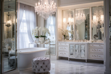 Glamorous Hollywood Regency Bathroom with Mirrored Vanity and Crystal Chandelier