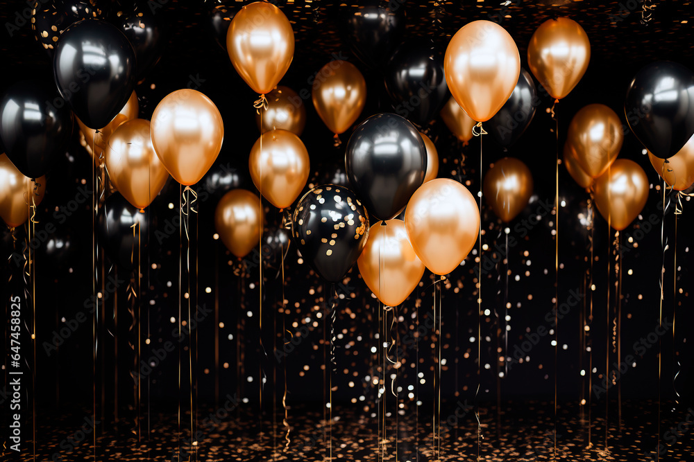 Wall mural celebrations background with black and golden balloons, serpentine, confetti, sparkles